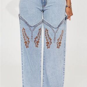 Fashion Nova Light Blue Flare Jeans with Brown Embroidery